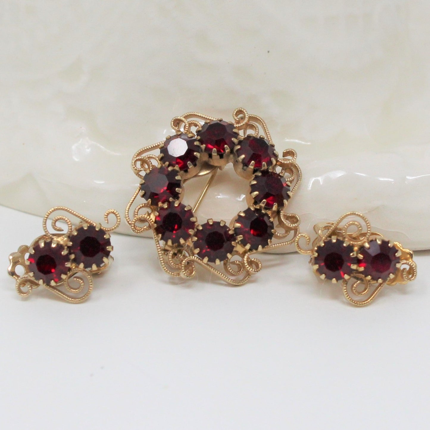 Brooch / Pin and Earrings Set, Red Rhinestones, Gold Filigree, Vintage