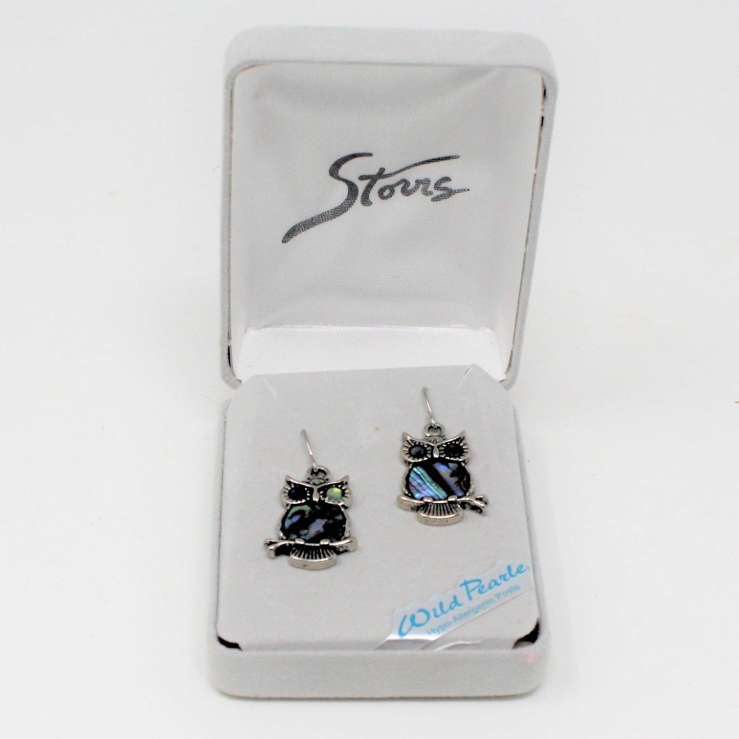 Earrings, Storrs Wild Pearle, Owl Shaped Abalone / Silverplated, Pierced
