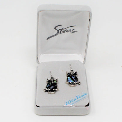 Earrings, Storrs Wild Pearle, Owl Shaped Abalone / Silverplated, Pierced