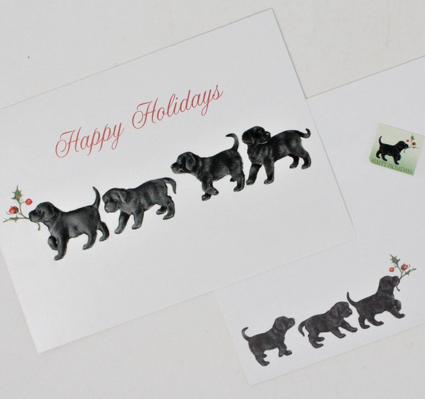 Greeting Card / Christmas, Black Labrador Puppies, Vintage, 1990's