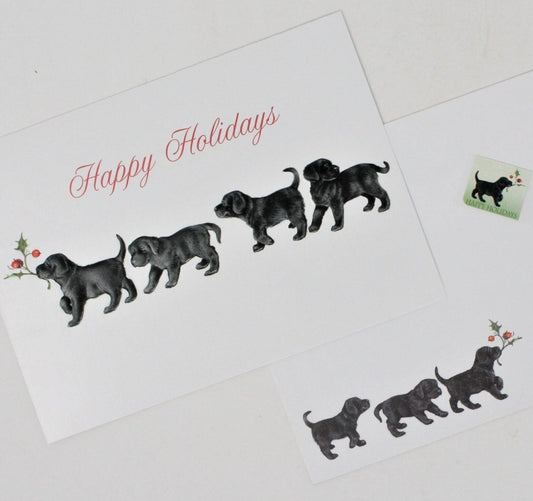 Greeting Card / Christmas, Black Labrador Puppies, Vintage, 1990's