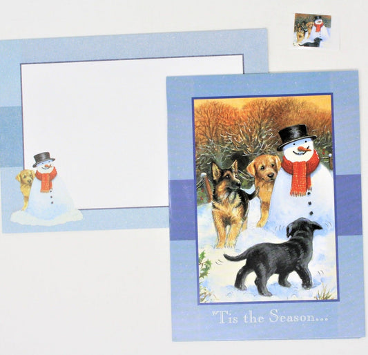 Greeting Card / Christmas, Puppies & Snowman, Unused, Vintage