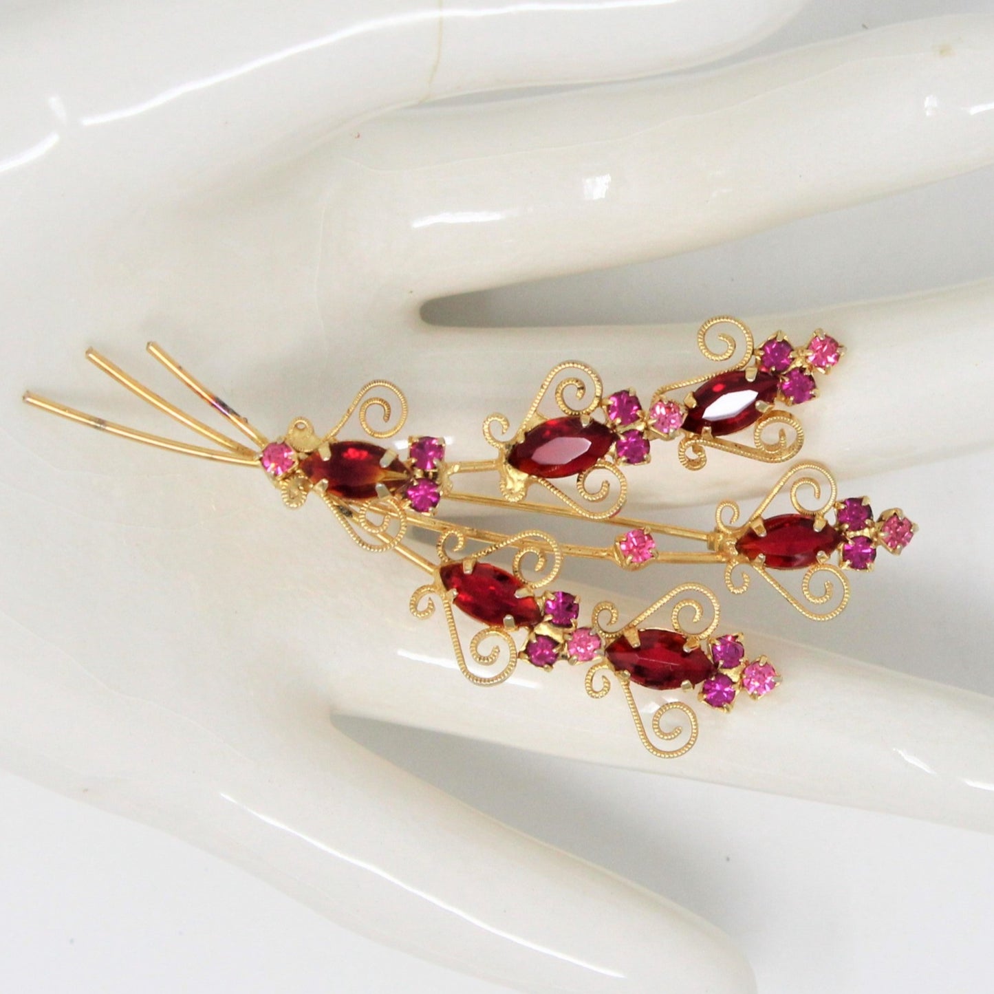 Brooch / Pin, Floral Bouquet, Red and Pink Rhinestones, Gold Filigree, Vintage