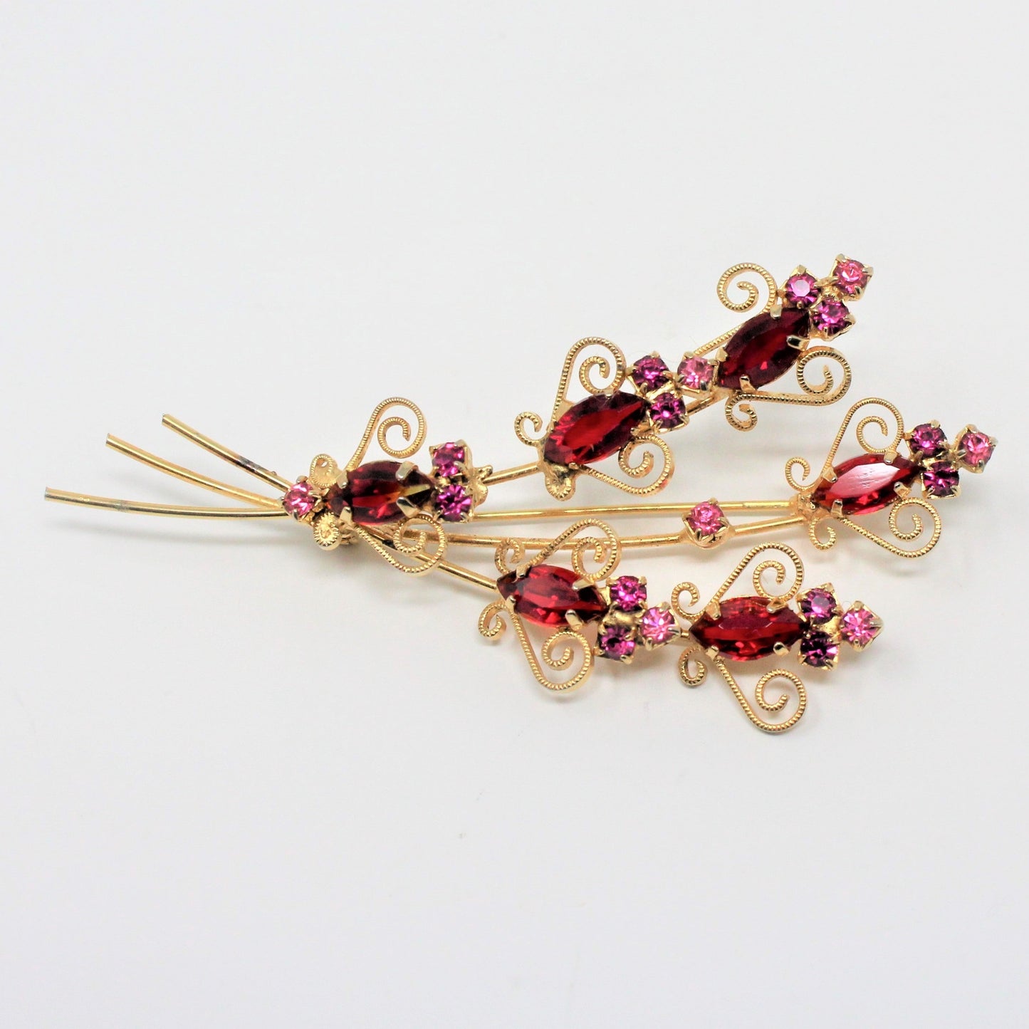 Brooch / Pin, Floral Bouquet, Red and Pink Rhinestones, Gold Filigree, Vintage