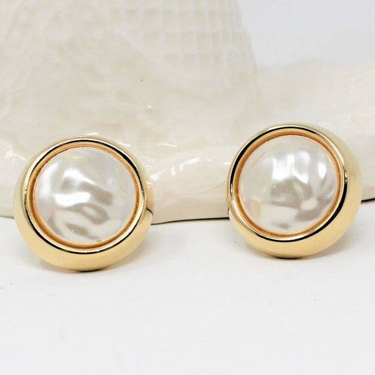 Earrings, Sarah Coventry, Round Pearl, Gold-Tone, Clips, Vintage