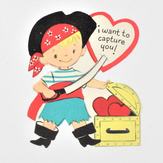 Greeting Card / Valentine Mini, Pirate with Treasure Chest, Hallmark, Unused, Vintage
