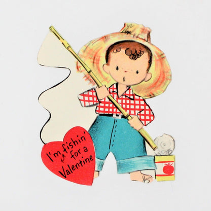 Greeting Card / Valentine Mini, Boy Fishing, Hallmark, Unused, Vintage