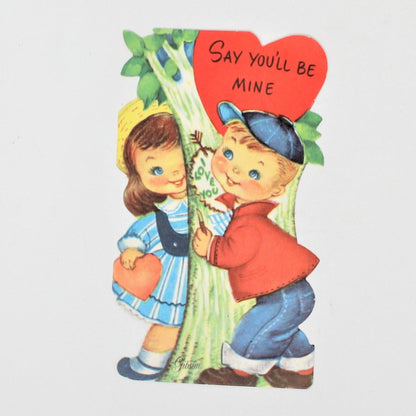 Greeting Card / Valentine Mini, Boy & Girl Carving Tree, Gibson, Unused, Vintage