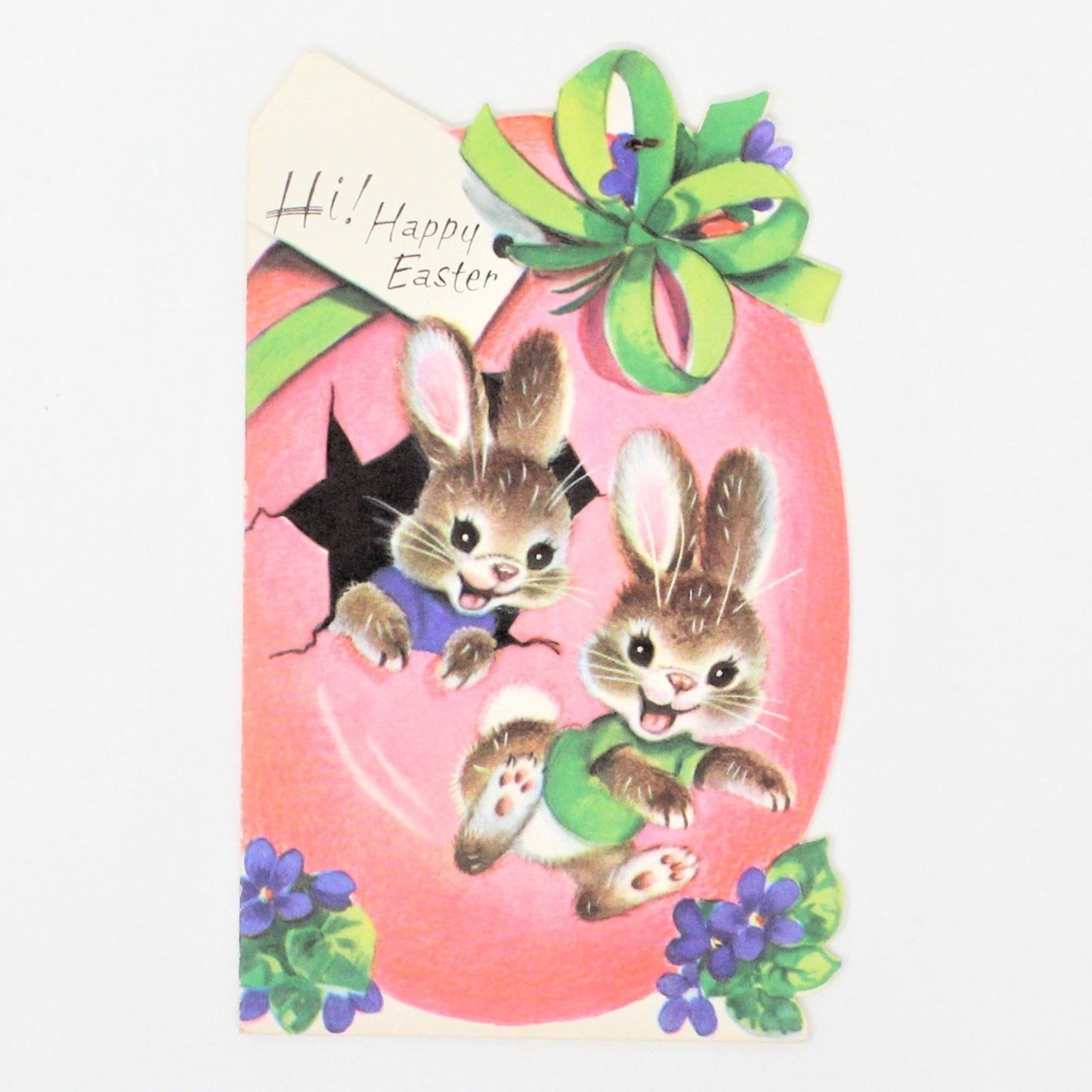 Greeting Card / Easter, Bunnies in Pink Egg, Unused, Vintage