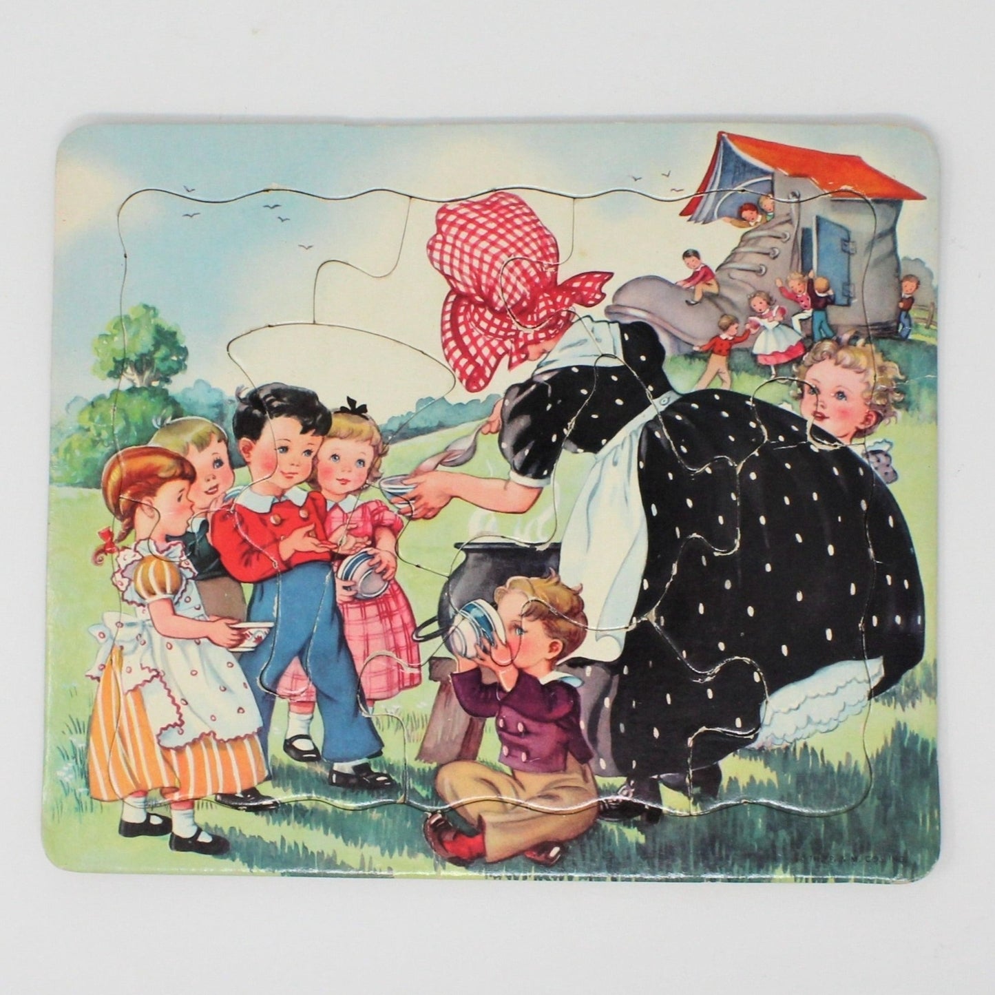 Puzzle, P & M Co, Nursery Rhyme, Old Woman who Lived in a Shoe, Vintage 1940's