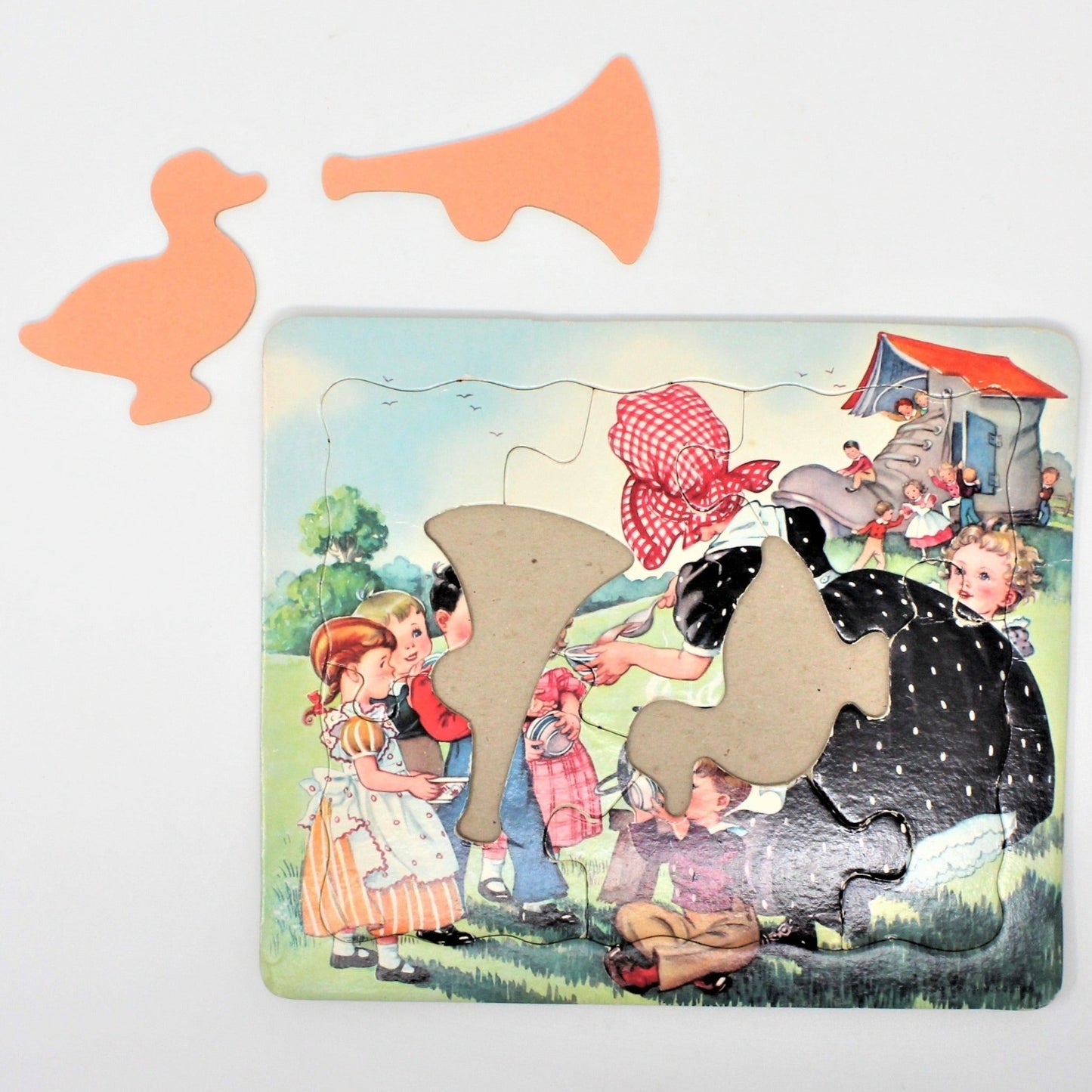 Puzzle, P & M Co, Nursery Rhyme, Old Woman who Lived in a Shoe, Vintage 1940's