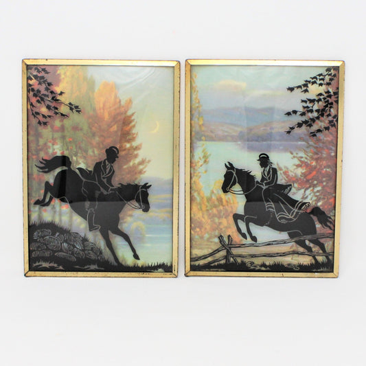 Silhouettes, Victorian Horseback Riders, Convex Glass, Set of 2, Framed, Vintage, 1940's, SOLD