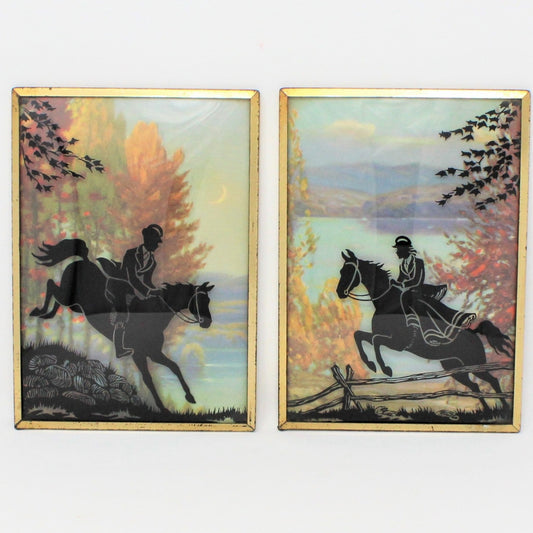 Silhouettes, Victorian Horseback Riders, Convex Glass, Set of 2, Framed, Vintage, 1940's, SOLD