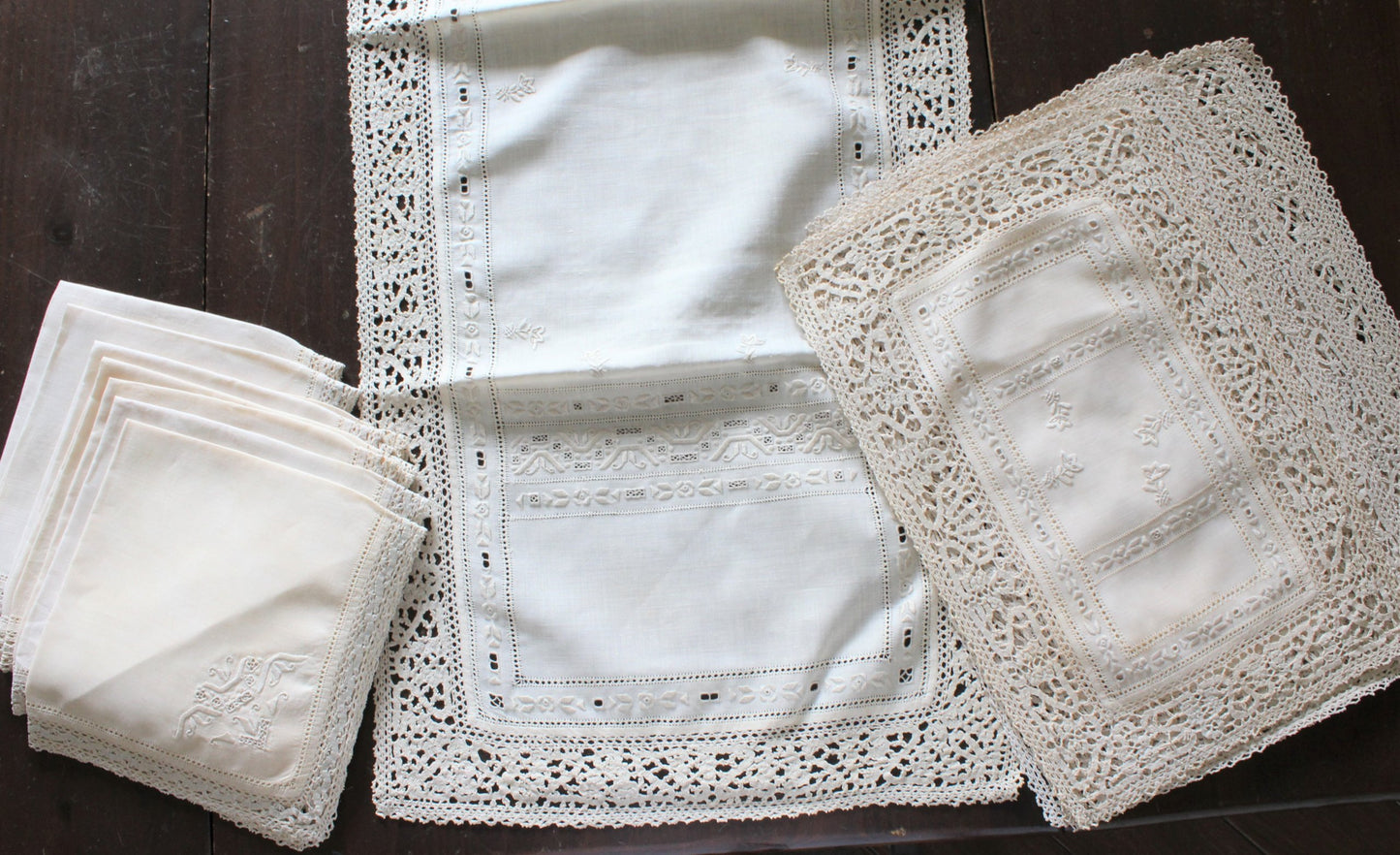 Placemats and Napkins with Runner Set, Embroidered / Reticella Lace, Set for 8, Antique