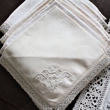 Placemats and Napkins with Runner Set, Embroidered / Reticella Lace, Set for 8, Antique