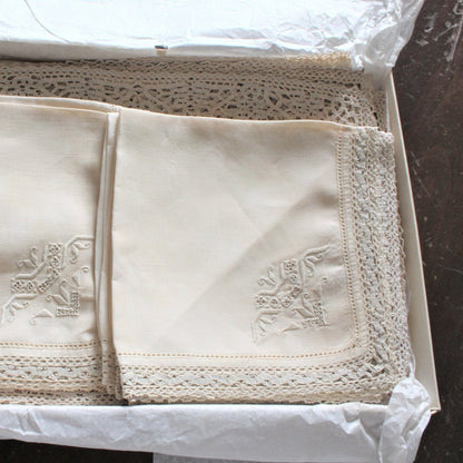 Placemats and Napkins with Runner Set, Embroidered / Reticella Lace, Set for 8, Antique