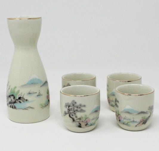 Sake Set Decanter/ Tokkuri & 4 Cups, Asahi, Mt Fuji, Vintage