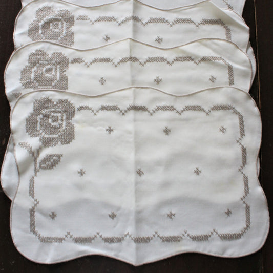 Placemats, Hand Stitched, Cross-Stitch Floral, Set of 4, Vintage Linens