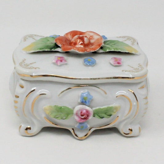 Vintage Porcelain Trinket Box, Hand Painted Rose, Japan 