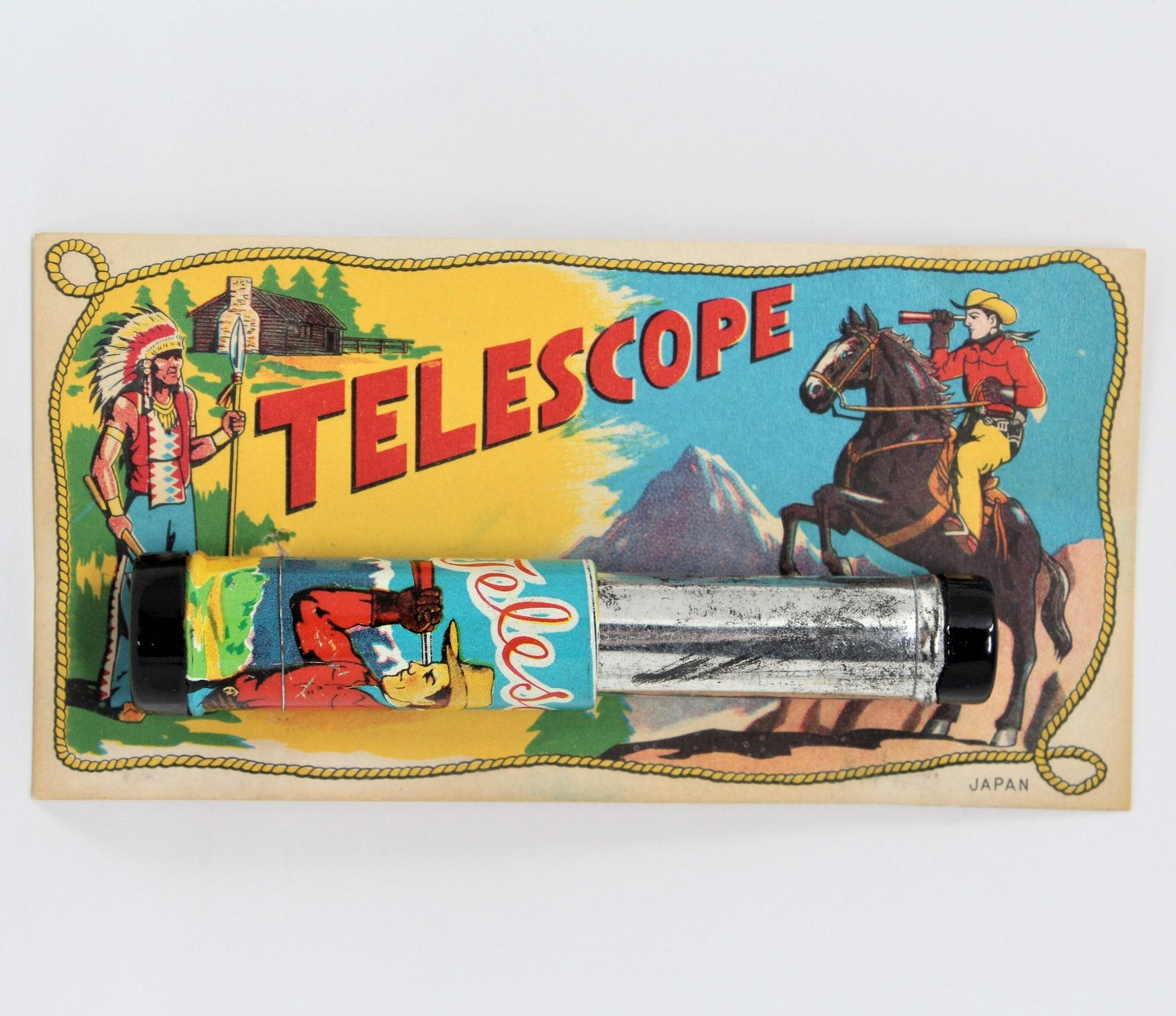 Telescope, Cowboy and Indian Tin Litho Telescope, 1950's Japan NOS