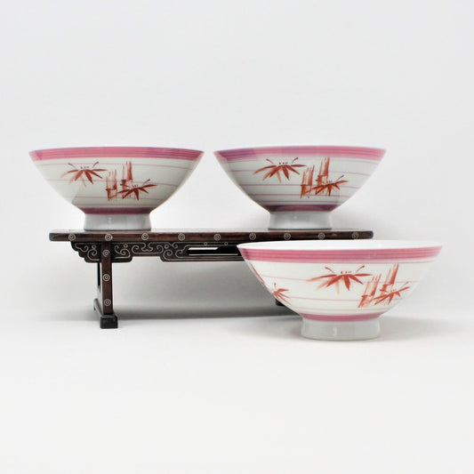 Rice Bowls, Red Bamboo & Pink Iridescent Stripes, Set of 3, Vintage