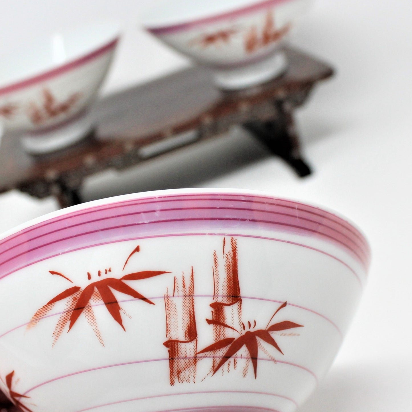 Rice Bowls, Red Bamboo & Pink Iridescent Stripes, Set of 3, Vintage