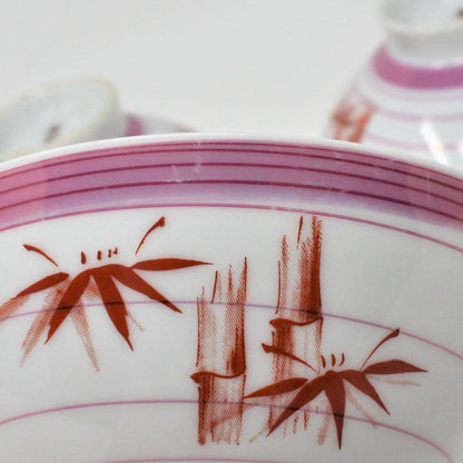 Rice Bowls, Red Bamboo & Pink Iridescent Stripes, Set of 3, Vintage