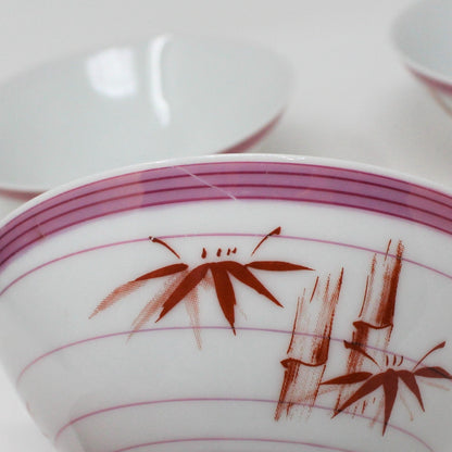 Rice Bowls, Red Bamboo & Pink Iridescent Stripes, Set of 3, Vintage