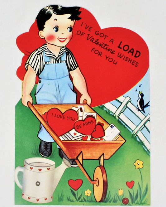 Greeting Card / Valentine, Movable, Boy & Wheelbarrow, Large 9", Unused, Vintage