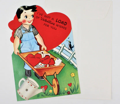 Greeting Card / Valentine, Movable, Boy & Wheelbarrow, Large 9", Unused, Vintage