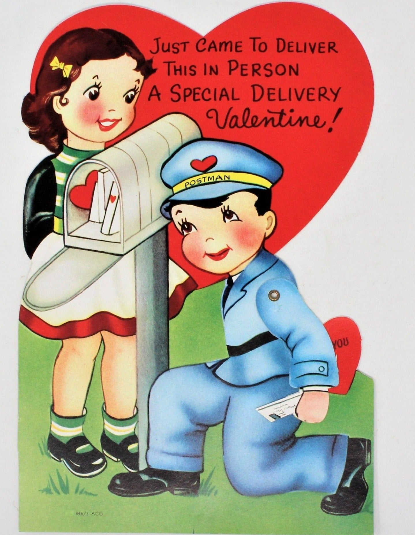 Greeting Card / Valentine, Movable, Mailman, Large 9", Unused, Vintage
