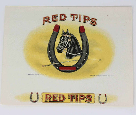 Cigar Box Label, Red Tips Cigars Original Lithograph, Antique NOS