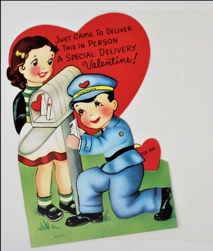 Greeting Card / Valentine, Movable, Mailman, Large 9", Unused, Vintage