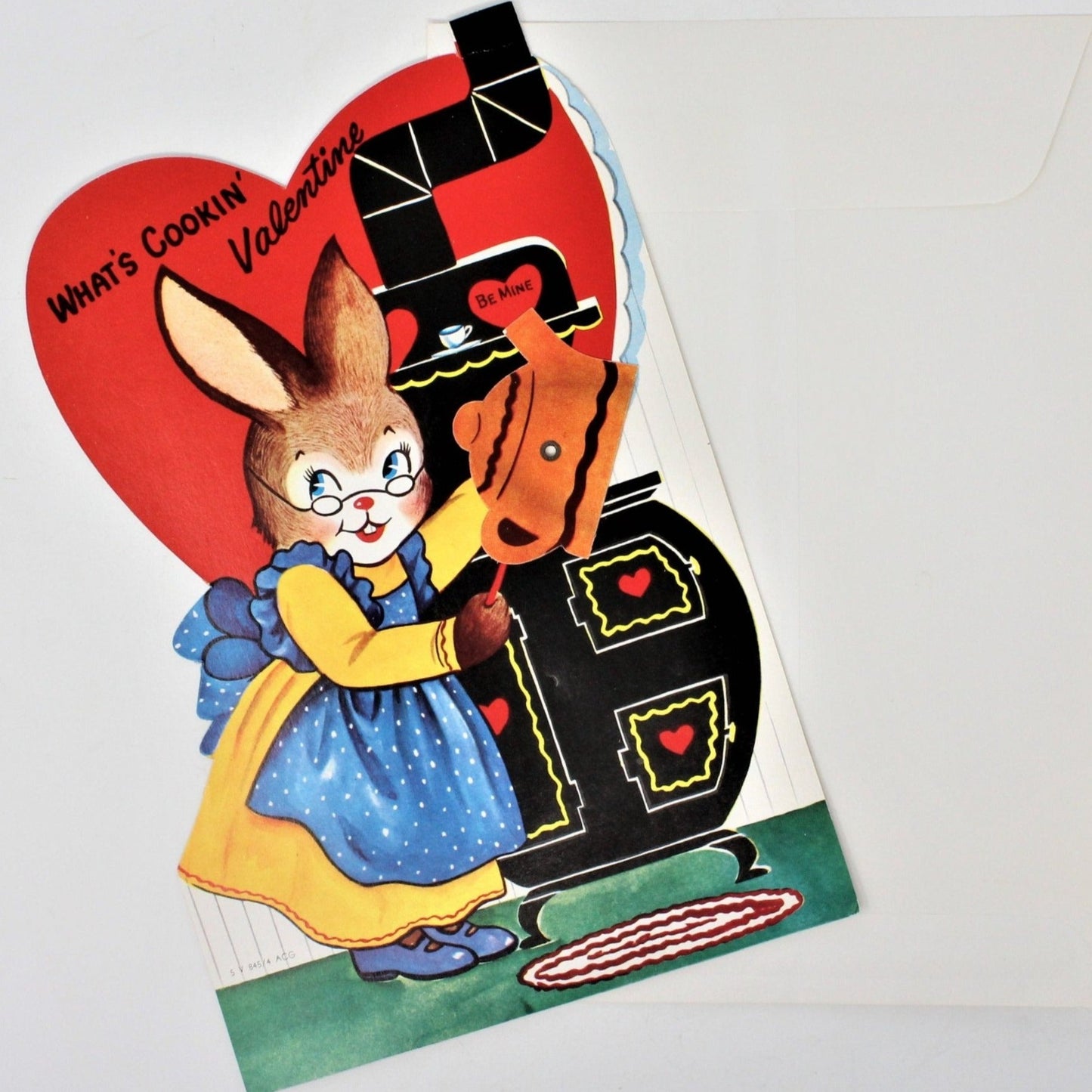 Greeting Card / Valentine, Movable, Bunny in Kitchen, Large 9", Unused, Vintage
