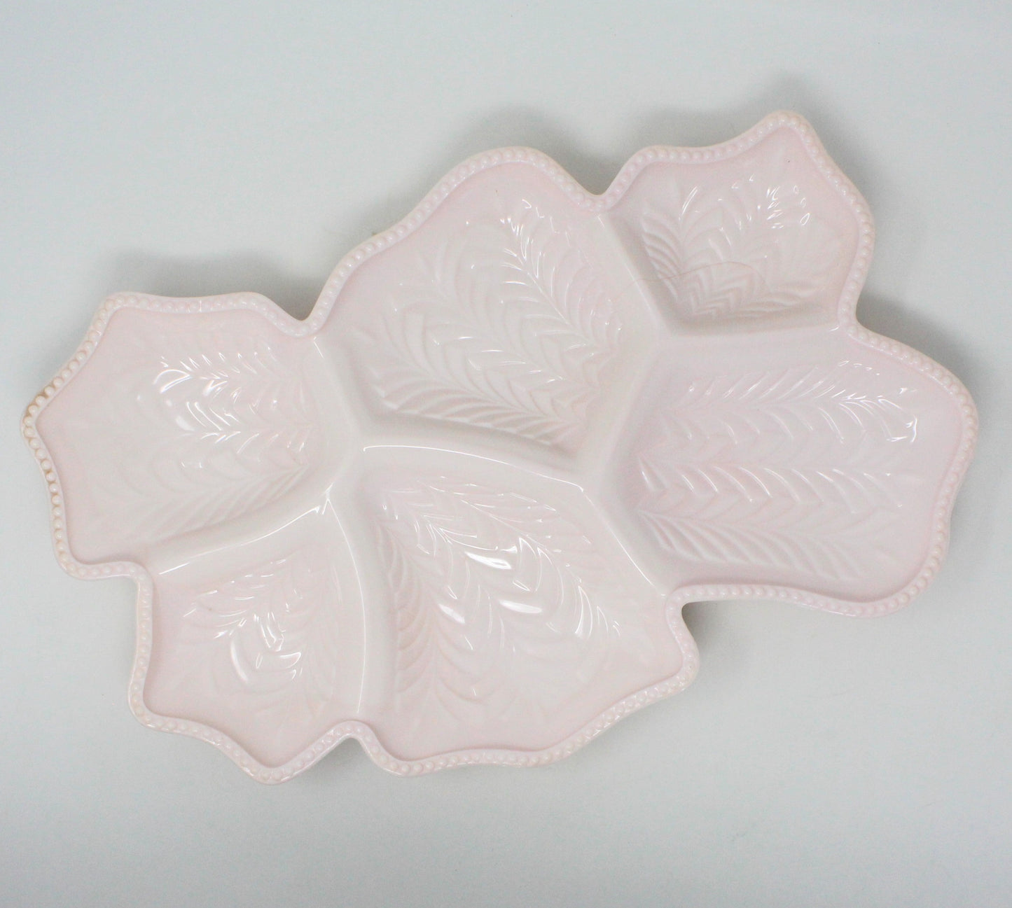 Divided Serving Platter, Jeannette Glass, Pink Milk Glass Feather Pattern, Vintage