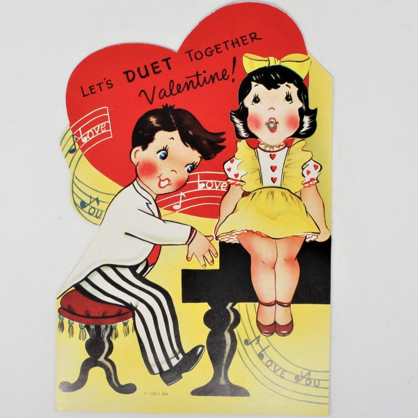 Greeting Card / Valentine, Movable, Boy & Girl w/Piano, Large 9", Unused, Vintage