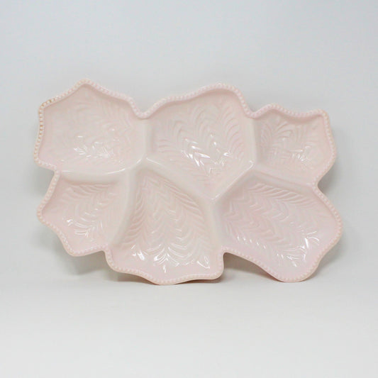 Divided Serving Tray, Jeannette Glass, Pink Milk Glass Feather Pattern, Vintage