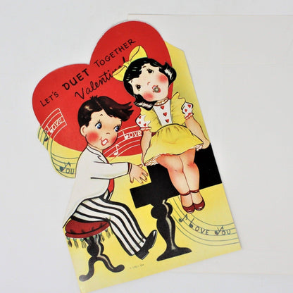 Greeting Card / Valentine, Movable, Boy & Girl w/Piano, Large 9", Unused, Vintage