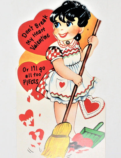 Greeting Card / Valentine, Movable, Girl with Broom, Large 7", Unused, Vintage