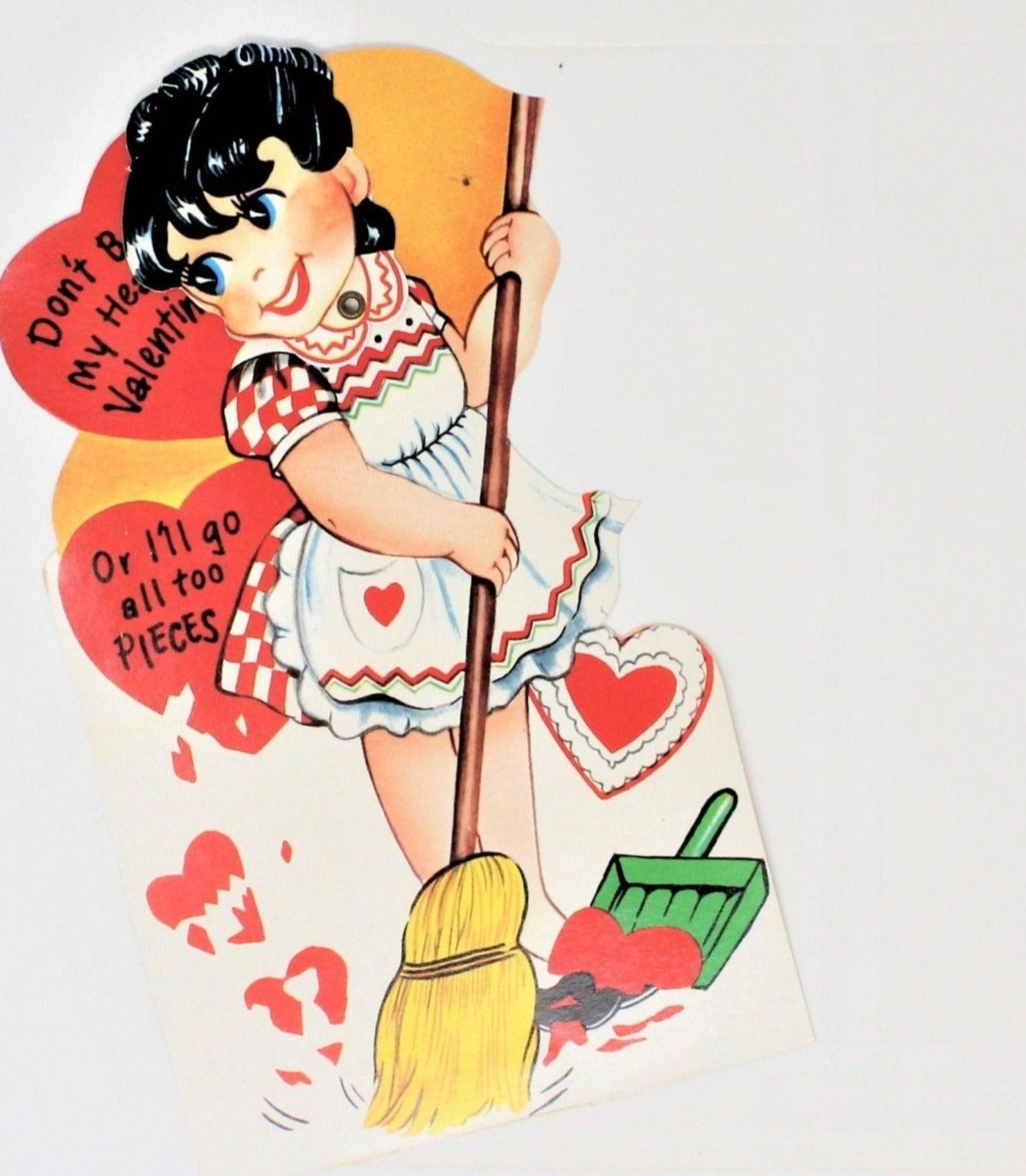 Greeting Card / Valentine, Movable, Girl with Broom, Large 7", Unused, Vintage
