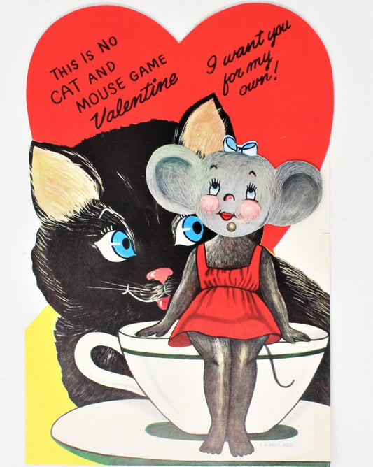 Greeting Card / Valentine, Movable, Cat & Mouse, Large 9", Unused, Vintage