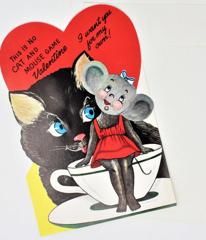 Greeting Card / Valentine, Movable, Cat & Mouse, Large 9", Unused, Vintage