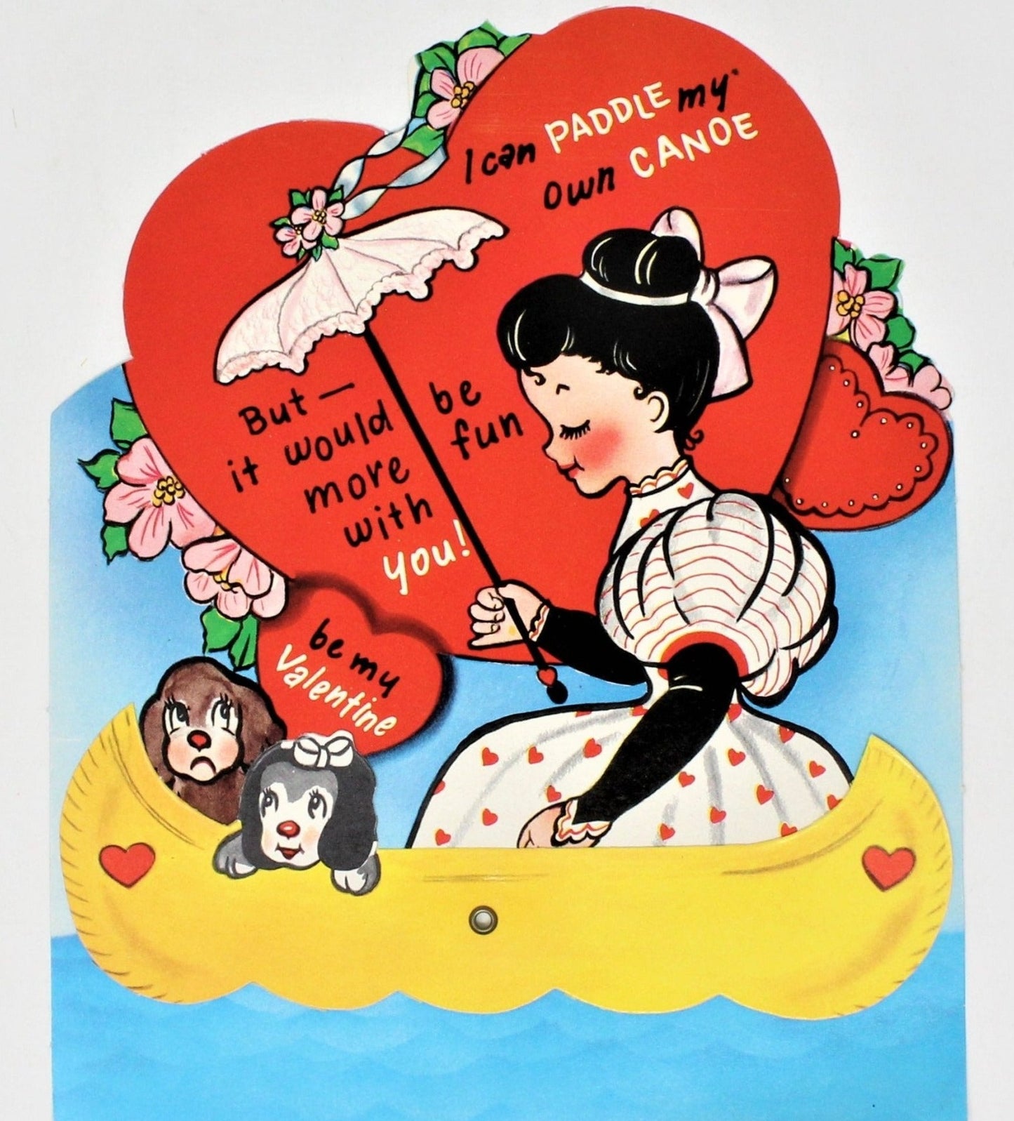 Greeting Card / Valentine, Movable, Lady in Canoe, Large 7", Unused, Vintage