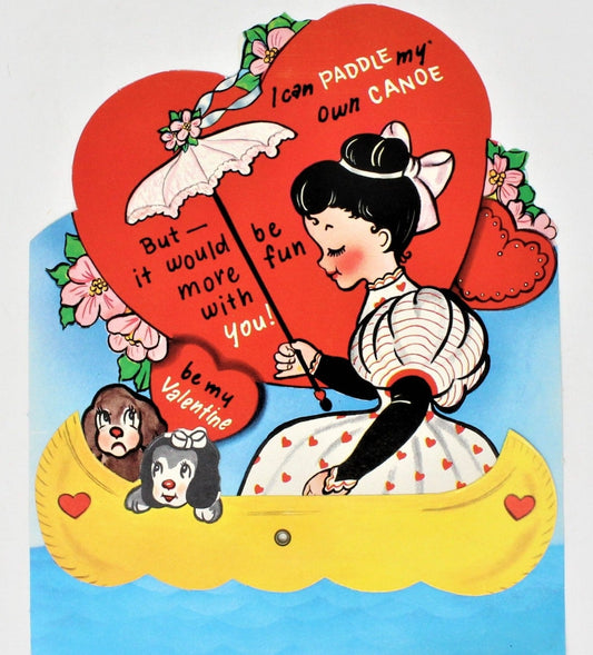 Greeting Card / Valentine, Movable, Lady in Canoe, Large 7", Unused, Vintage