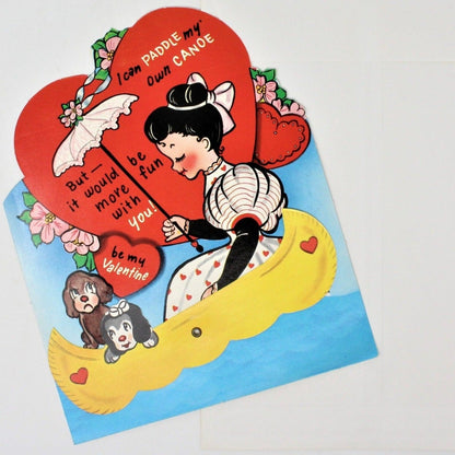 Greeting Card / Valentine, Movable, Lady in Canoe, Large 7", Unused, Vintage