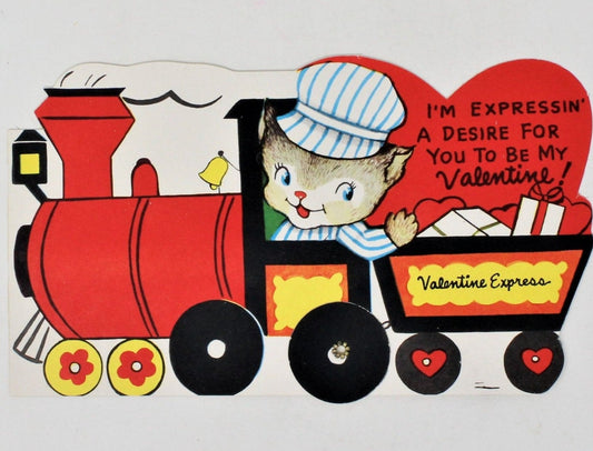 Greeting Card / Valentine, Movable, Cat Driving Train, Large 7", Unused, Vintage