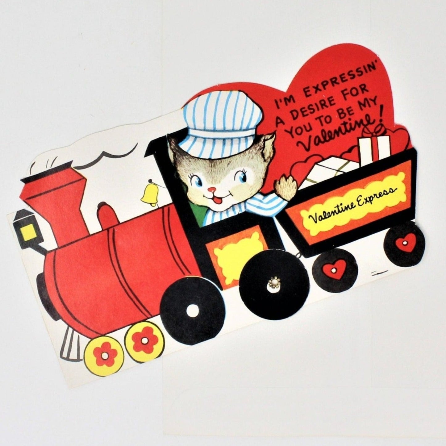 Greeting Card / Valentine, Movable, Cat Driving Train, Large 7", Unused, Vintage