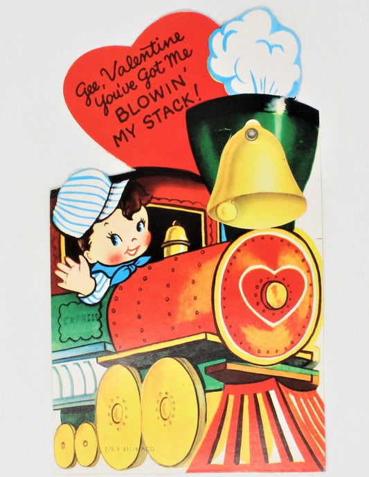 Greeting Card / Valentine, Movable, Boy Driving Train, Large 7", Unused, Vintage