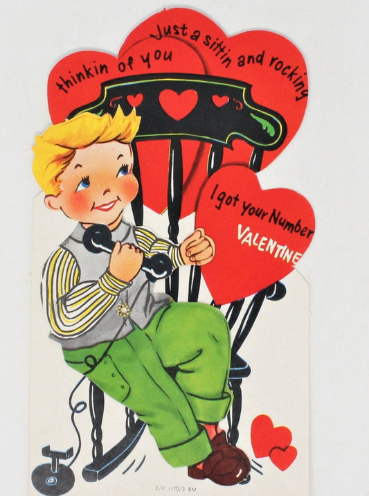 Greeting Card / Valentine, Movable, Boy on Telephone, Large 7.5", Unused, Vintage