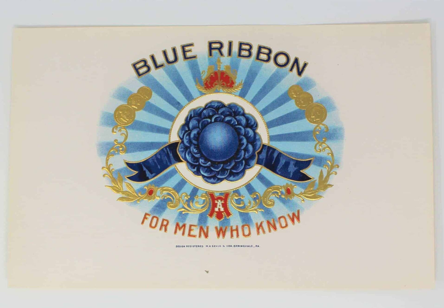 Cigar Box Label, Blue Ribbon, Original Lithograph, NOS, 1920's, Antique